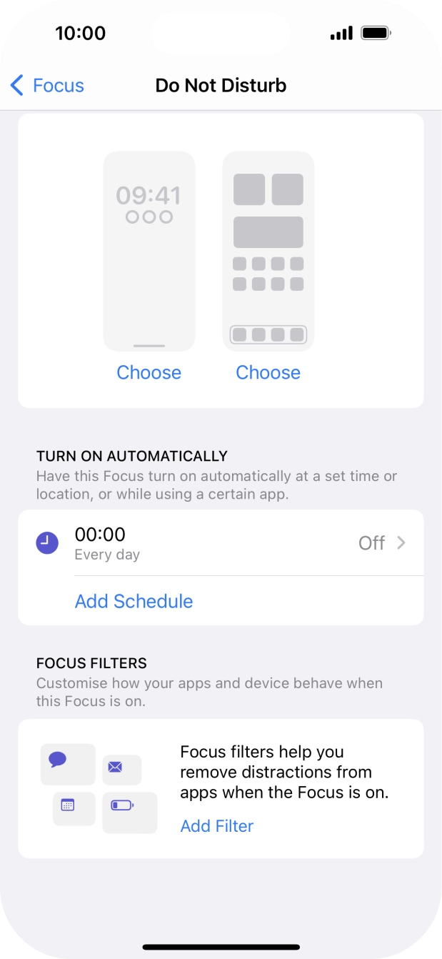 Press Add Schedule and follow the instructions on the screen to select settings for automatic activation of Do Not Disturb. Press Add Schedule and follow the instructions on the screen to select settings for automatic activation of Do Not Disturb.