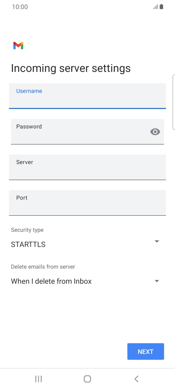 Press the field below 'Server' and key in the name of your email provider's incoming server. Press the field below 'Server' and key in the name of your email provider's incoming server.