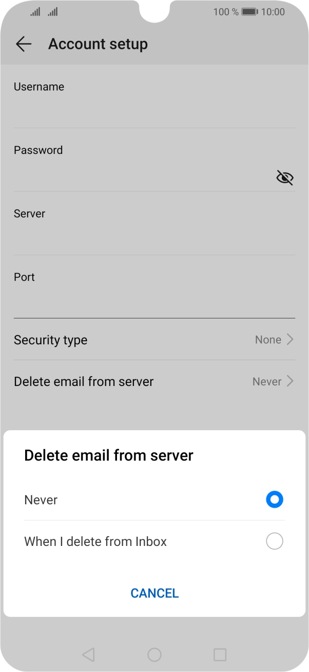 Press Never to keep emails on the server when you delete them on your phone. Press Never to keep emails on the server when you delete them on your phone.