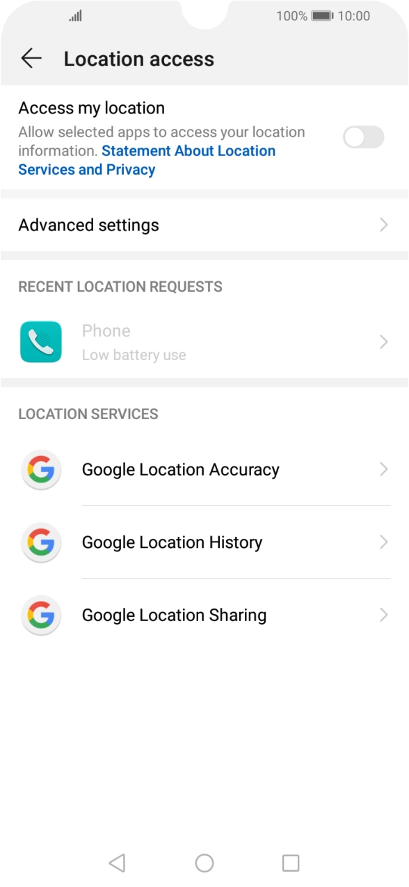 Press the indicator next to 'Access my location' to turn the function on or off. Press the indicator next to 'Access my location' to turn the function on or off.