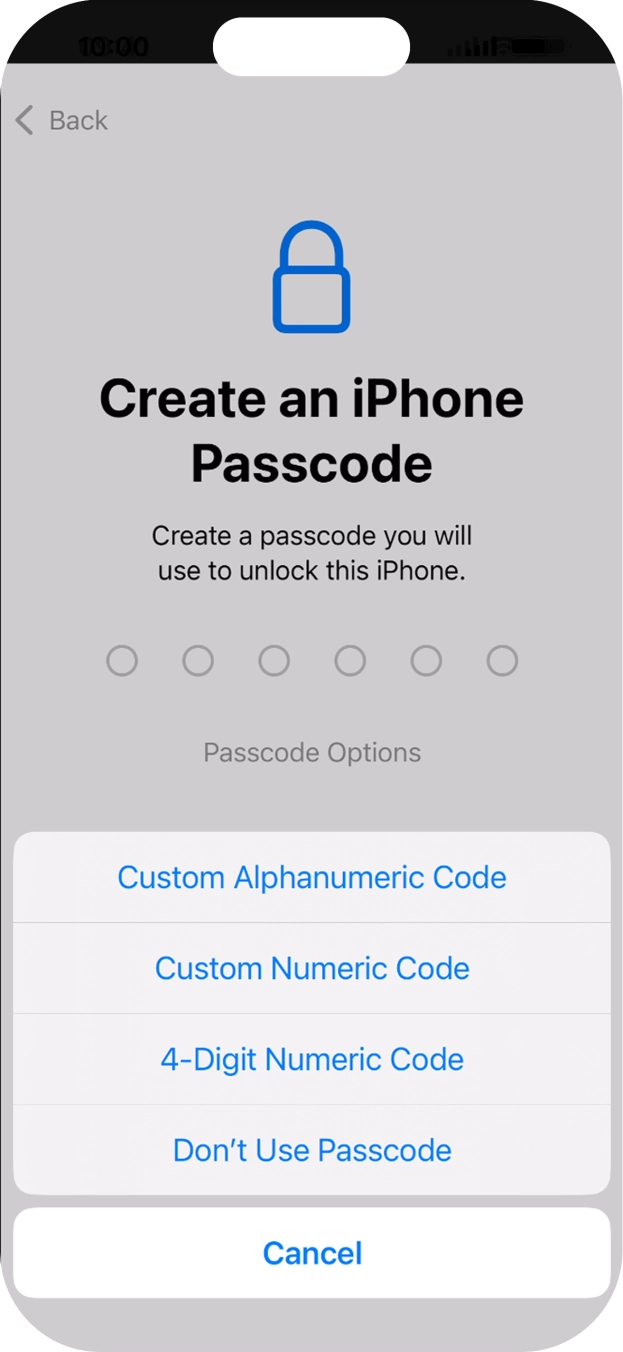 Follow the instructions on the screen to turn on the lock code or press Don't Use Passcode. Follow the instructions on the screen to turn on the lock code or press Don't Use Passcode.