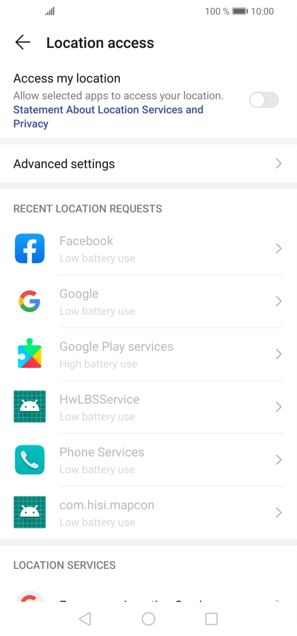 Press the indicator next to 'Access my location' to turn the function on or off. Press the indicator next to 'Access my location' to turn the function on or off.