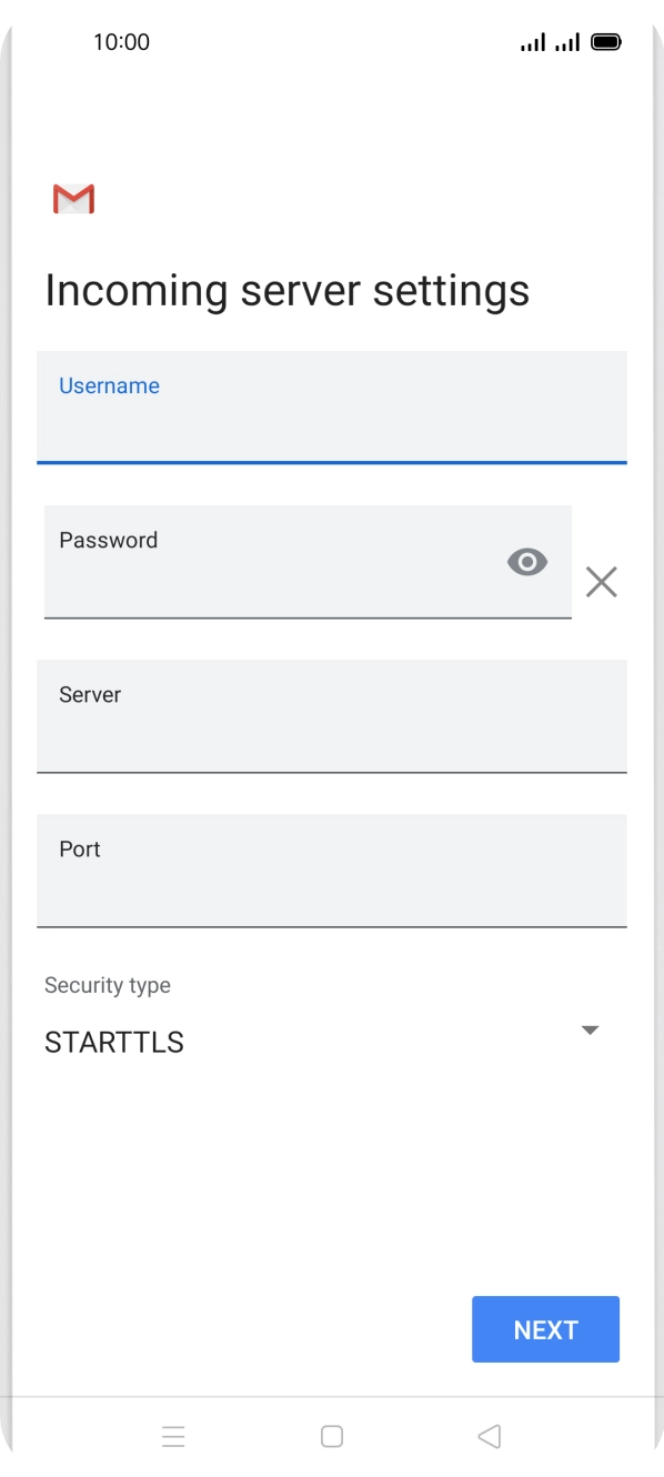 Press the field below 'Server' and key in the name of your email provider's incoming server. Press the field below 'Server' and key in the name of your email provider's incoming server.