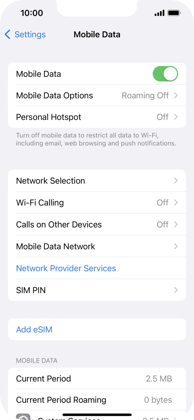 Press the indicator next to 'Mobile Data' to turn the function on or off. Press the indicator next to 'Mobile Data' to turn the function on or off.