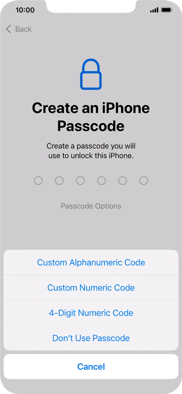 Follow the instructions on the screen to turn on the lock code or press Don't Use Passcode.