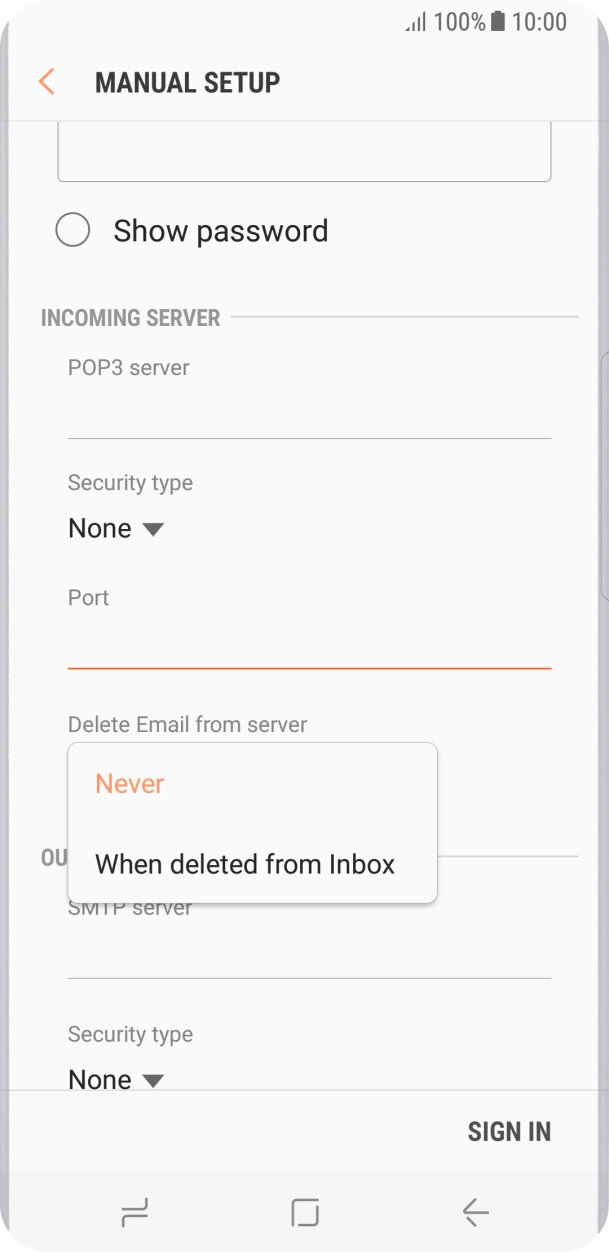 Press Never to keep emails on the server when you delete them on your phone. Press Never to keep emails on the server when you delete them on your phone.