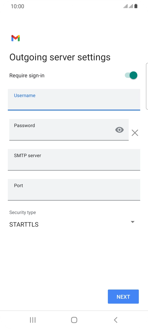 Press the field below 'Password' and key in the password of your email provider's outgoing server. Press the field below 'Password' and key in the password of your email provider's outgoing server.