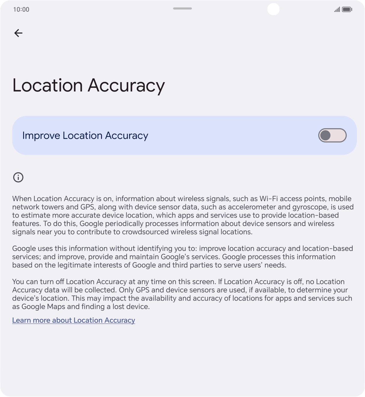 If you press the indicator next to 'Improve Location Accuracy' to turn on the function, your phone can find your exact position using the GPS satellites, the mobile network and nearby WiFi networks. Satellite-based GPS requires a clear view of the sky.