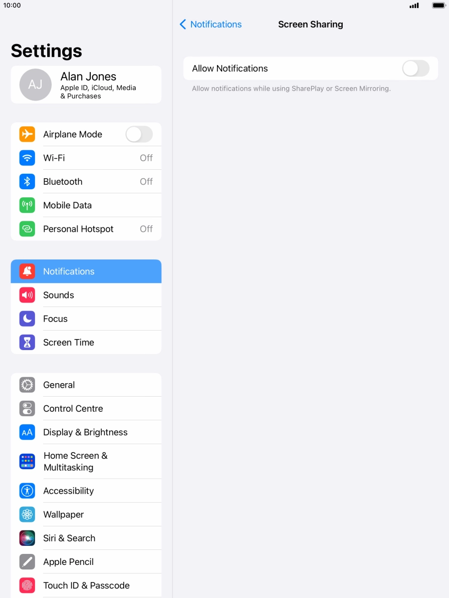 Press the indicator next to 'Allow Notifications' to turn the function on or off. Press the indicator next to 'Allow Notifications' to turn the function on or off.