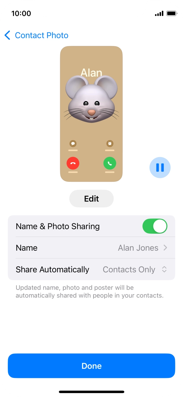 Press the indicator next to 'Name & Photo Sharing' to turn the function on or off. Press the indicator next to 'Name & Photo Sharing' to turn the function on or off.