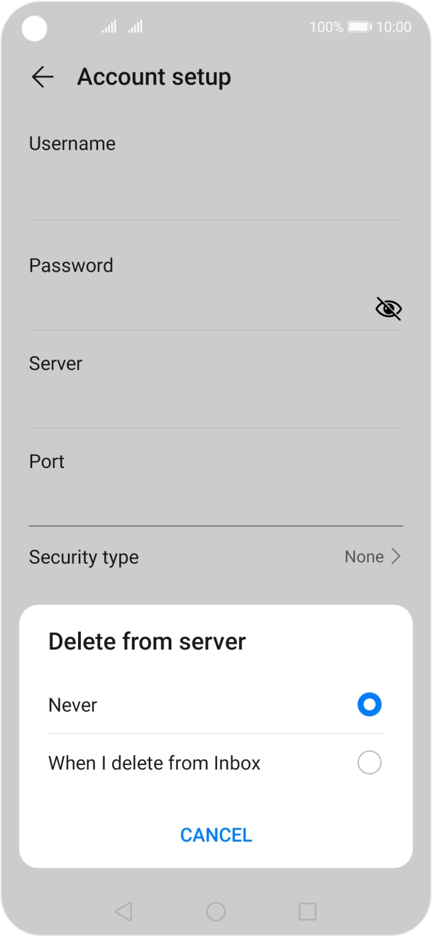 Press Never to keep emails on the server when you delete them on your phone. Press Never to keep emails on the server when you delete them on your phone.