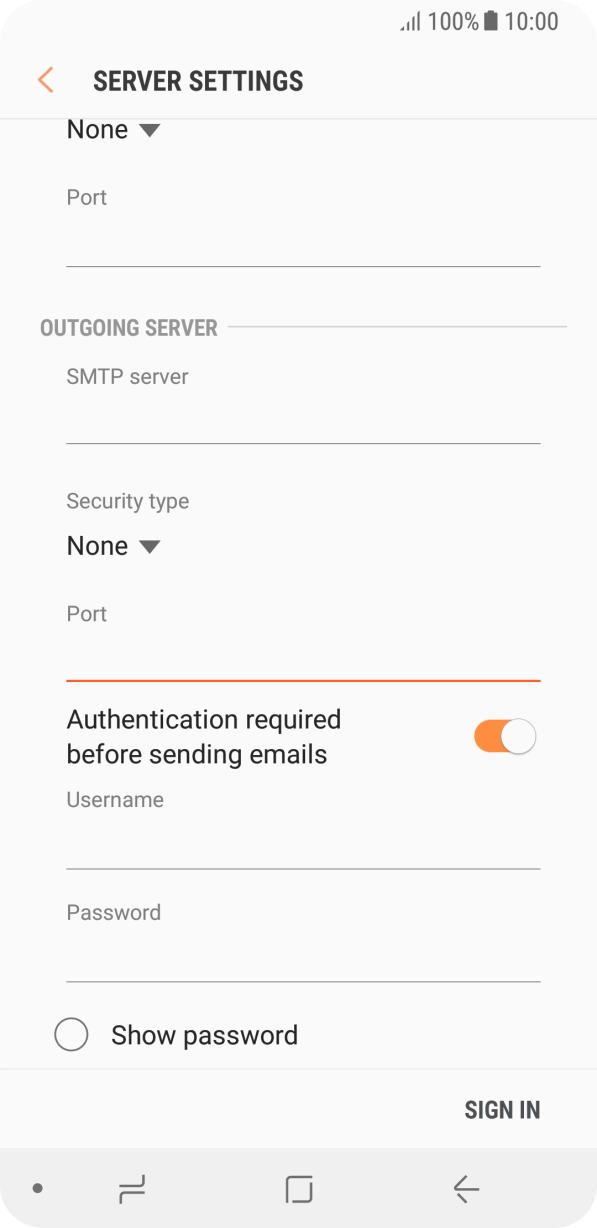 Press the indicator next to 'Authentication required before sending emails' to turn on the function. Press the indicator next to 'Authentication required before sending emails' to turn on the function.