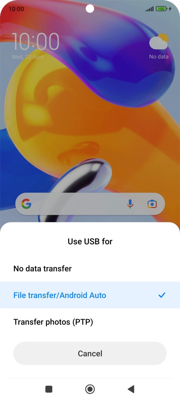 Press File transfer/Android Auto. Press File transfer/Android Auto.