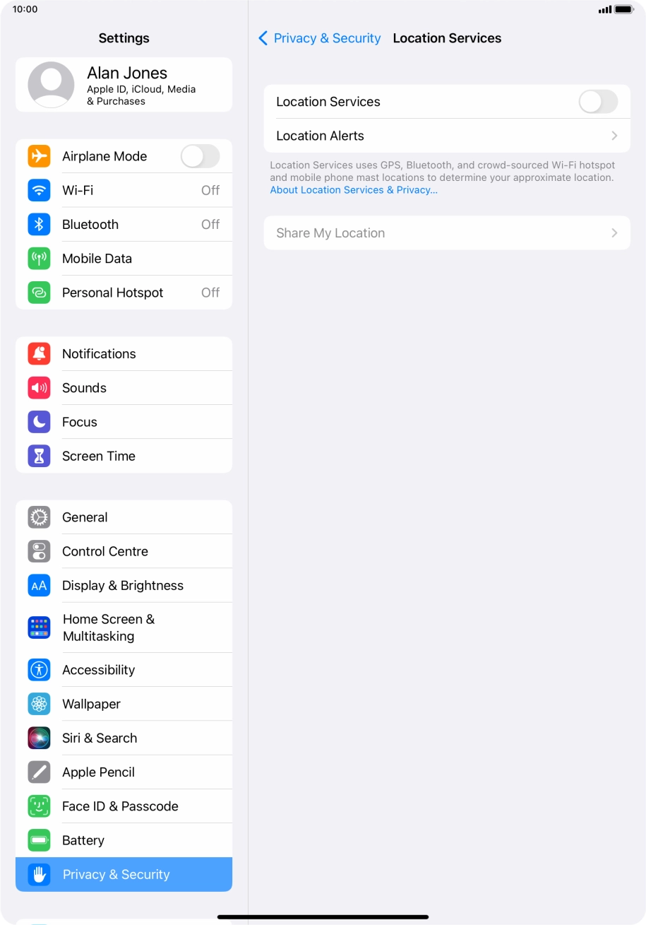Press the indicator next to 'Location Services' to turn the function on or off. Press the indicator next to 'Location Services' to turn the function on or off.