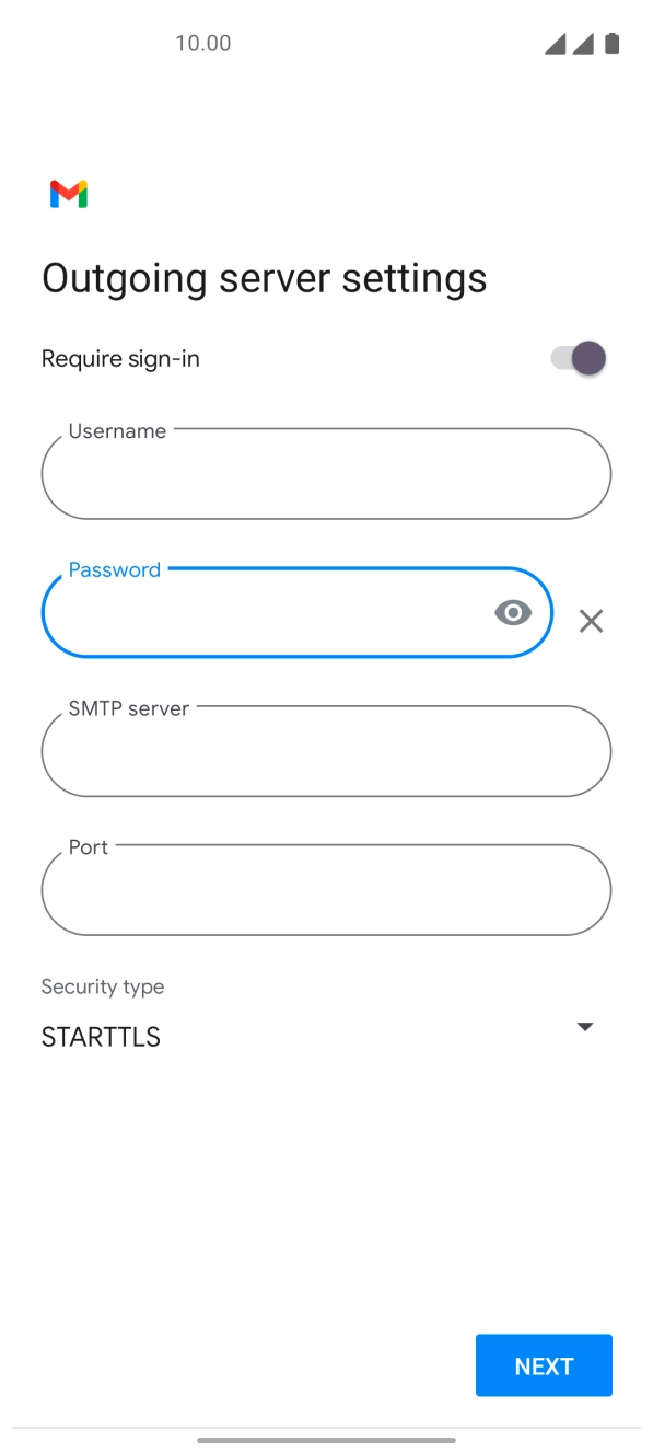 Press the field below 'SMTP server' and key in the name of your email provider's outgoing server. Press the field below 'SMTP server' and key in the name of your email provider's outgoing server.