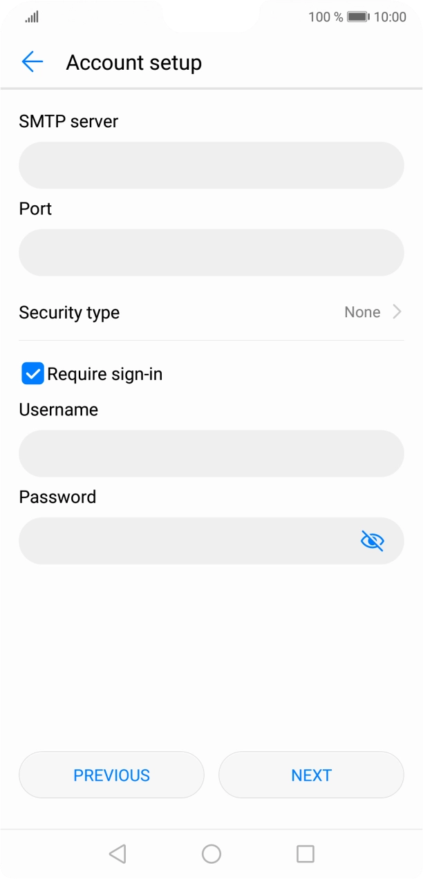 Press the field below 'Username' and key in the username of your email provider's outgoing server. Press the field below 'Username' and key in the username of your email provider's outgoing server.