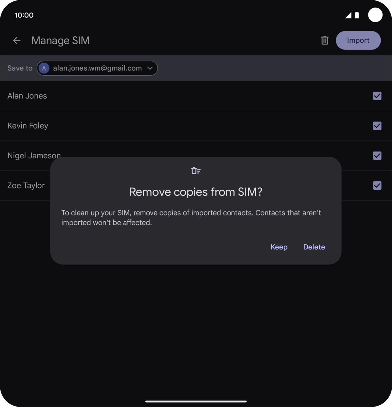 To keep the copied contacts on your SIM, press Keep. To keep the copied contacts on your SIM, press Keep.