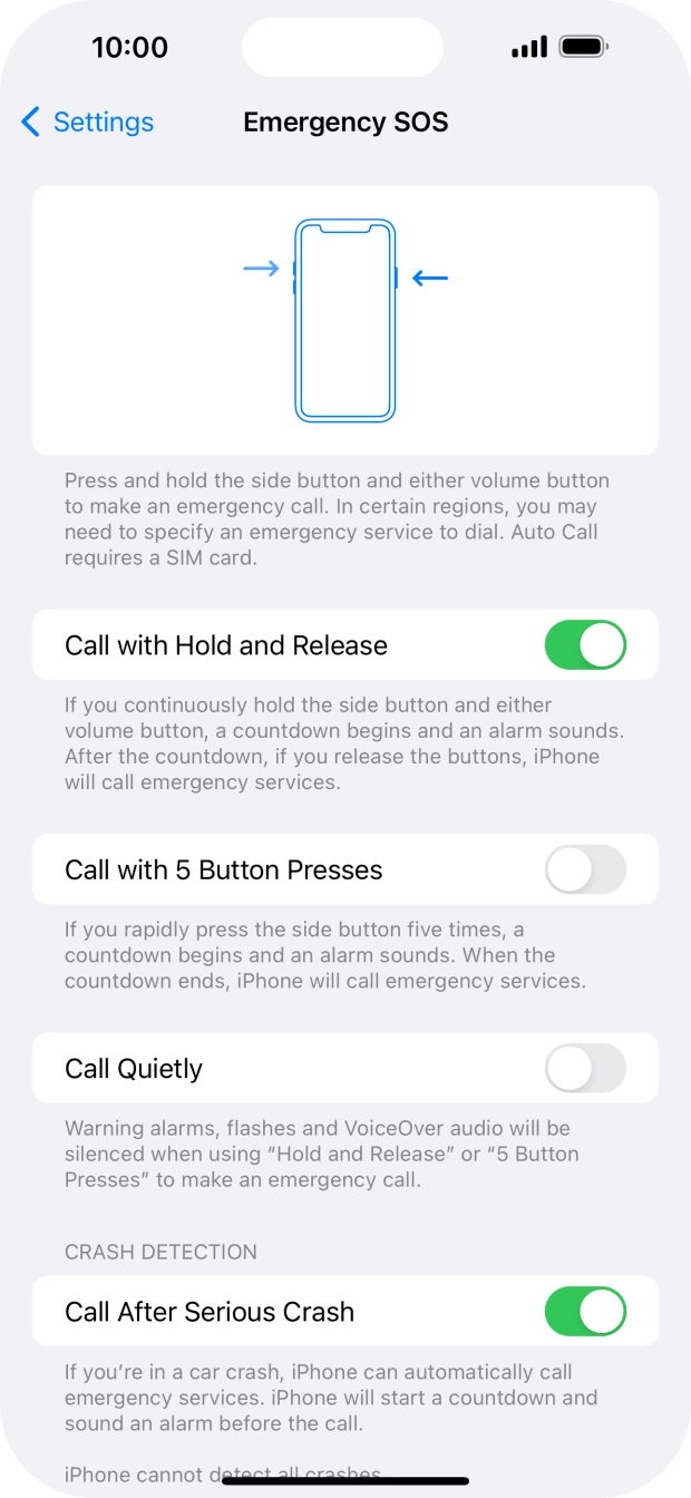 Press the indicator next to 'Call After Serious Crash' to turn on the function.