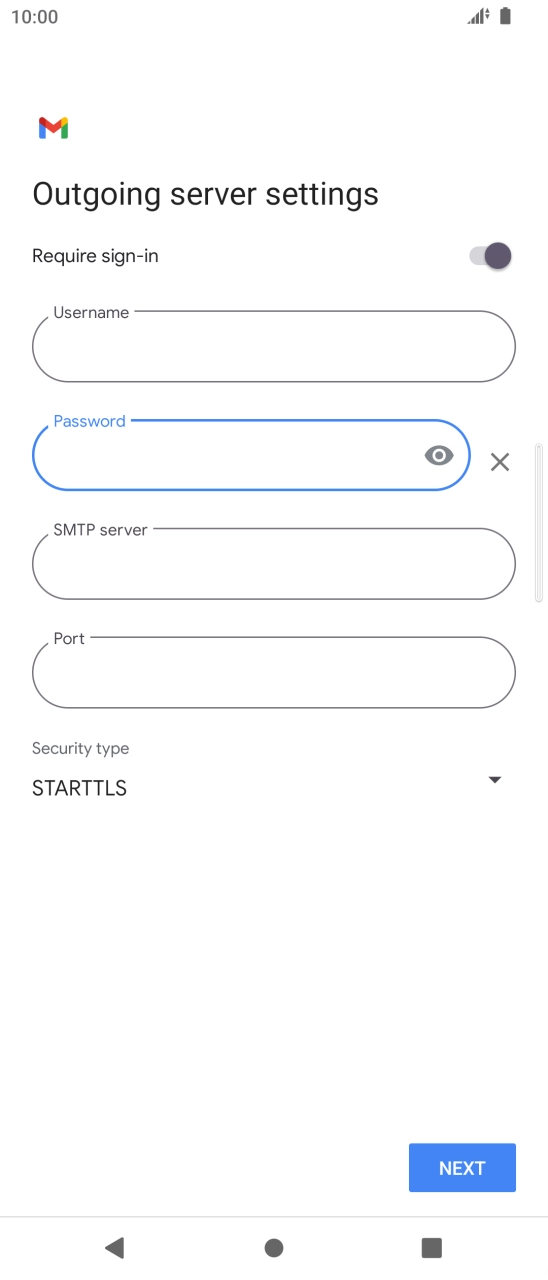 Press the field below 'SMTP server' and key in the name of your email provider's outgoing server. Press the field below 'SMTP server' and key in the name of your email provider's outgoing server.