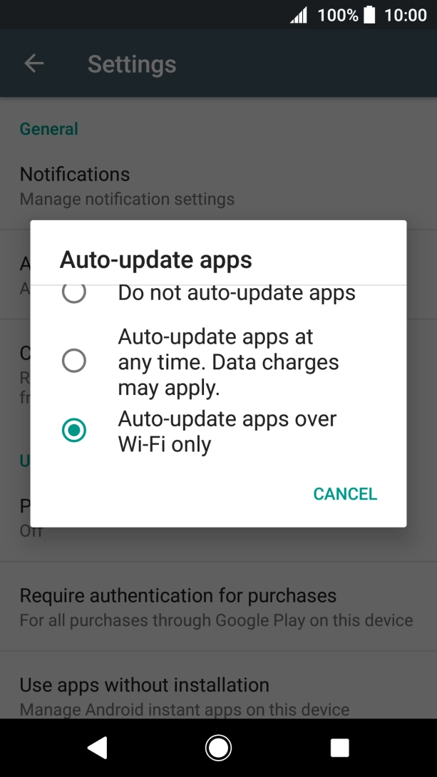 To turn on automatic update of apps using mobile network, press Auto-update apps at any time. Data charges may apply..
