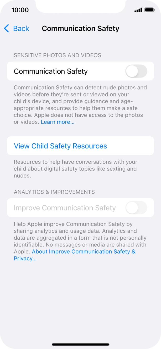 Press the indicator next to 'Communication Safety' to turn the function on or off. Press the indicator next to 'Communication Safety' to turn the function on or off.