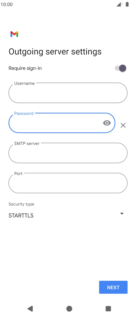 Press the field below 'SMTP server' and key in the name of your email provider's outgoing server. Press the field below 'SMTP server' and key in the name of your email provider's outgoing server.