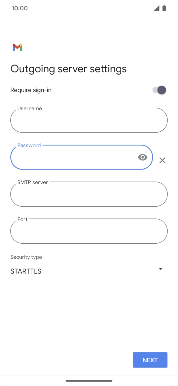 Press the field below 'SMTP server' and key in the name of your email provider's outgoing server. Press the field below 'SMTP server' and key in the name of your email provider's outgoing server.
