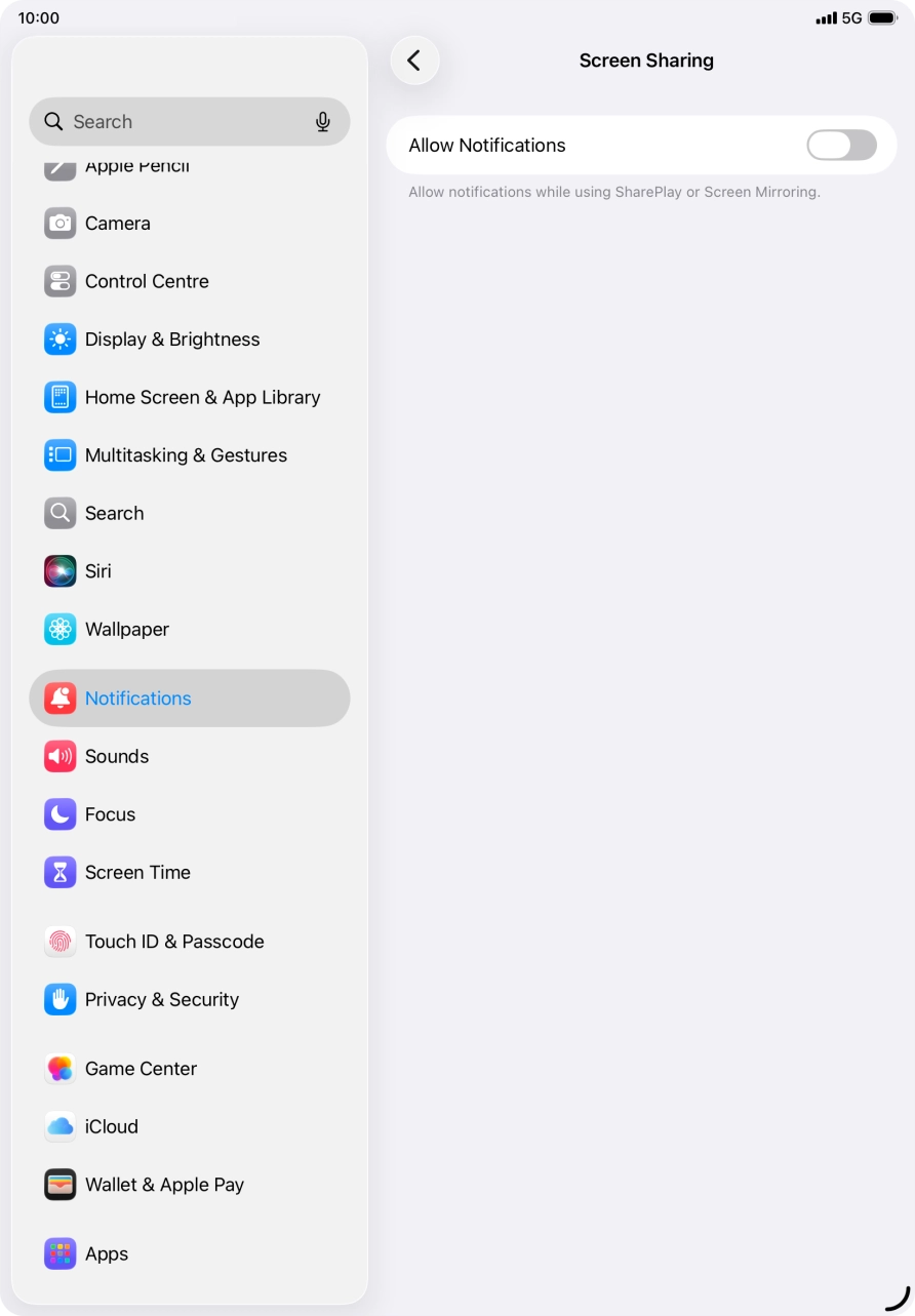Press the indicator next to 'Allow Notifications' to turn the function on or off. Press the indicator next to 'Allow Notifications' to turn the function on or off.