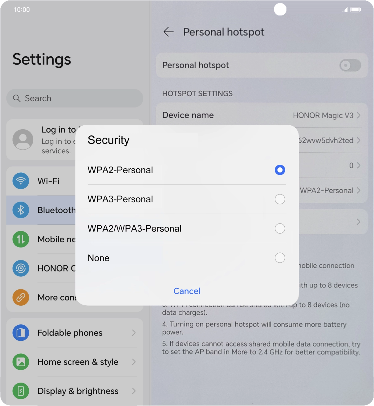 Press WPA3-Personal to password protect your WiFi hotspot.