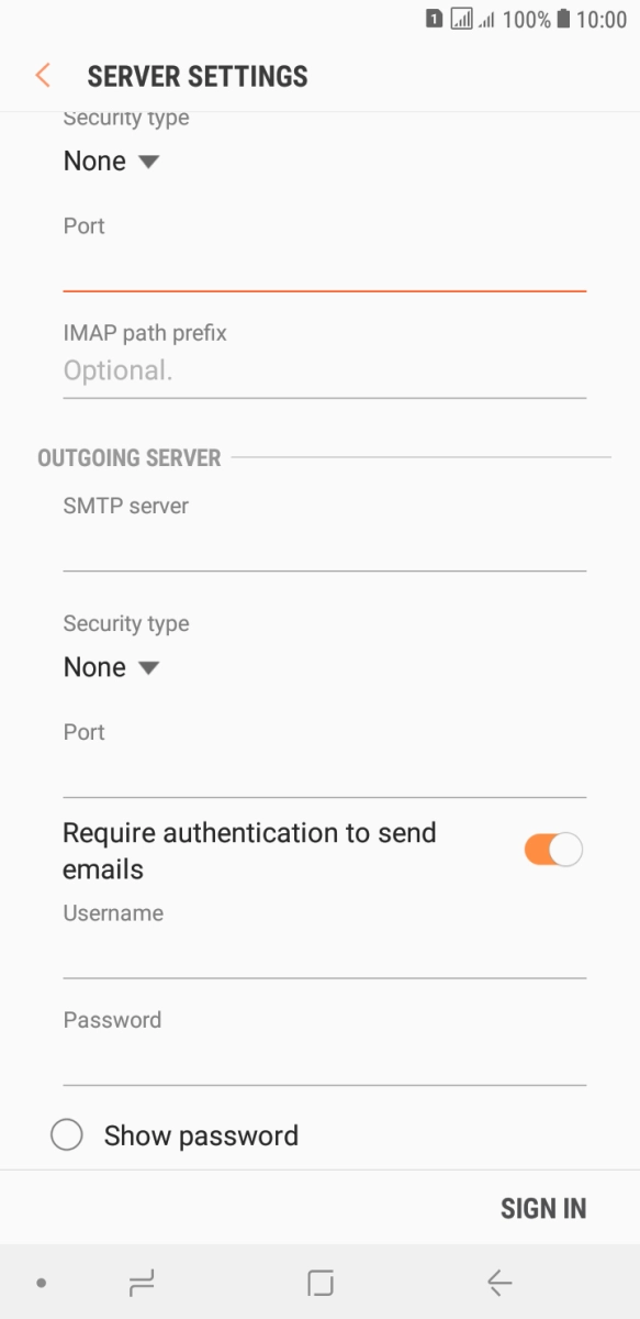 Press the field below 'SMTP server' and key in the name of your email provider's outgoing server. Press the field below 'SMTP server' and key in the name of your email provider's outgoing server.