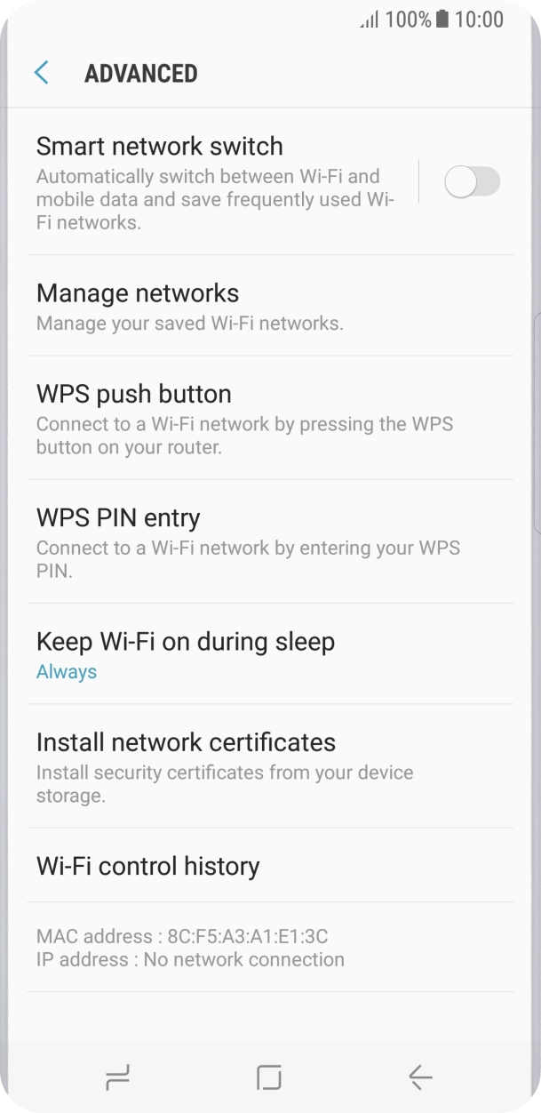 Press the indicator next to 'Smart network switch' to turn the function on or off. Press the indicator next to 'Smart network switch' to turn the function on or off.