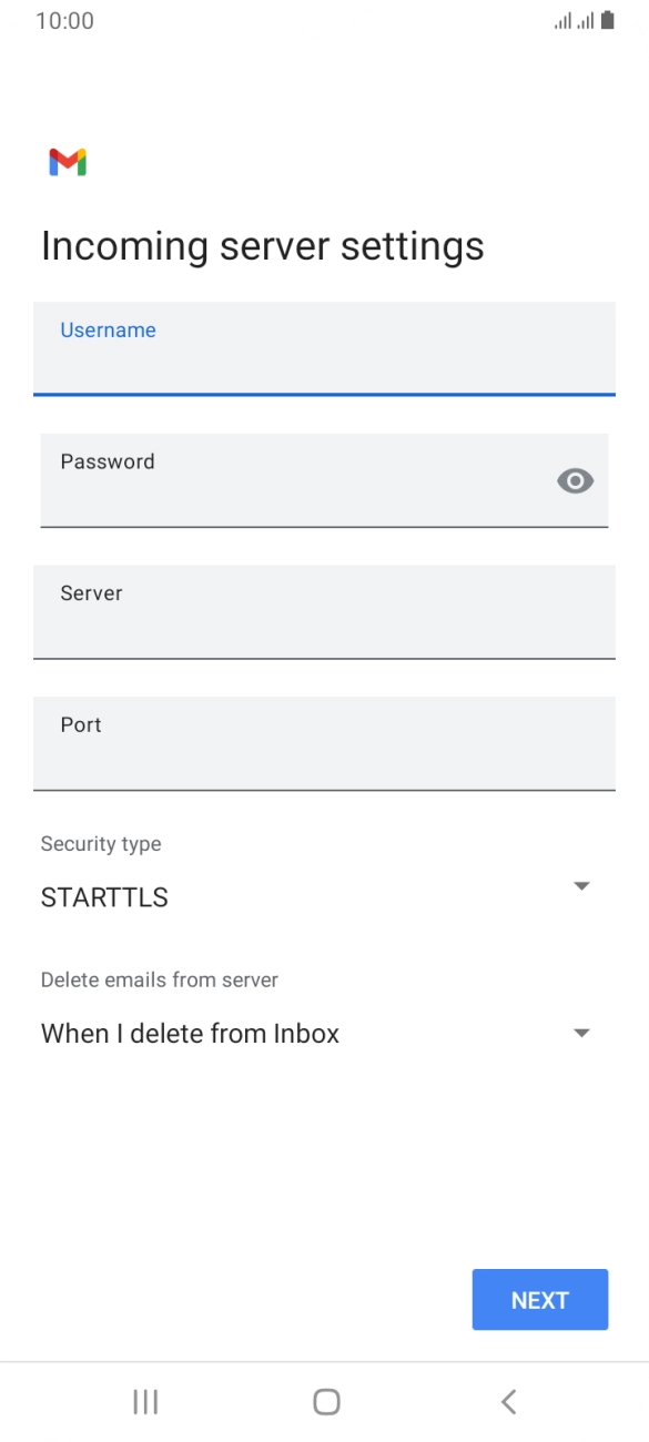 Press the field below 'Server' and key in the name of your email provider's incoming server. Press the field below 'Server' and key in the name of your email provider's incoming server.