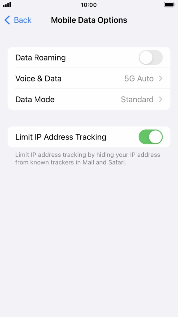 Press the indicator next to 'Data Roaming' to turn the function on or off.