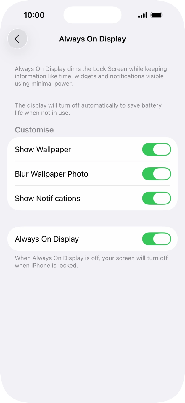 Press the indicator next to 'Always On Display' to turn the function on or off. Press the indicator next to 'Always On Display' to turn the function on or off.