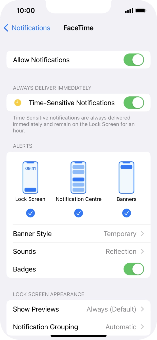 Press the indicator next to 'Allow Notifications' to turn notifications for the selected application on or off. Press the indicator next to 'Allow Notifications' to turn notifications for the selected application on or off.