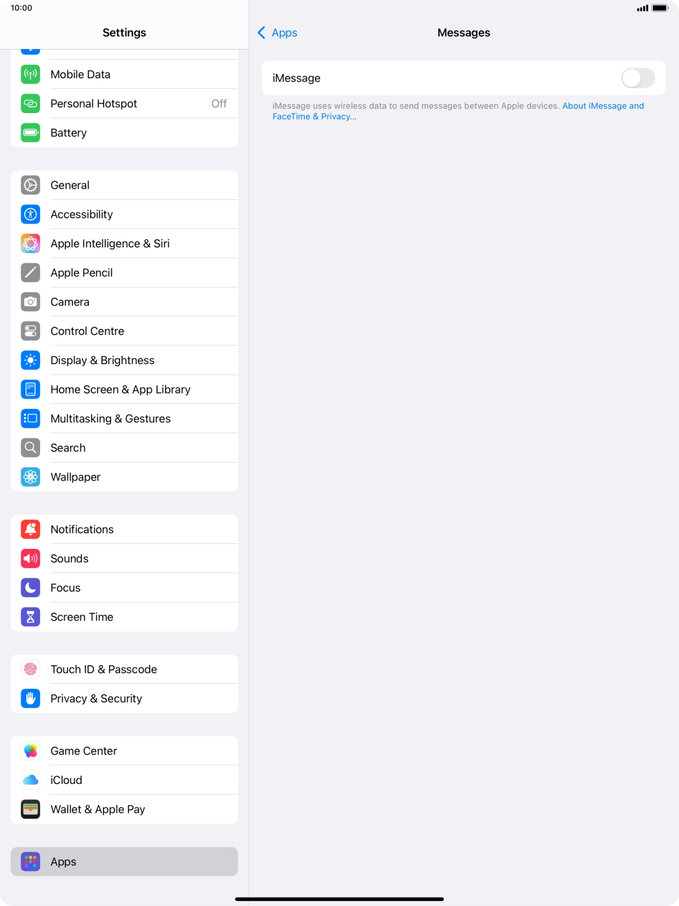 Press the indicator next to 'iMessage' to turn on the function.
