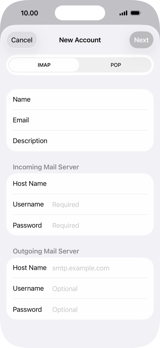 Press Username and key in the username for your email account.
