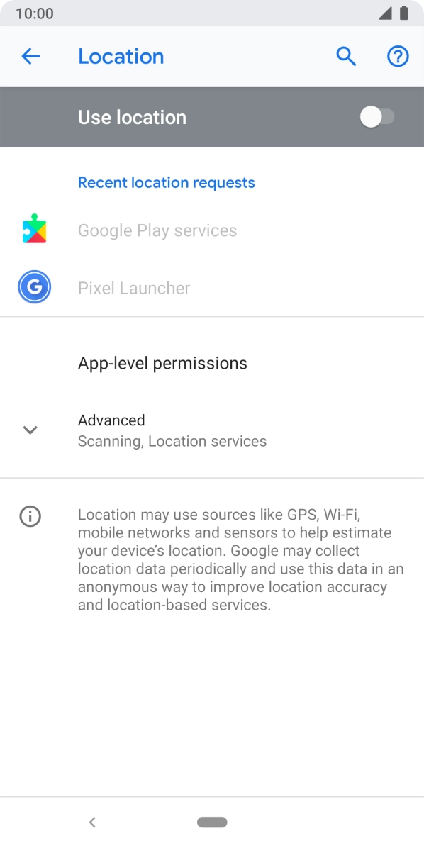 Press the indicator next to 'Use location' to turn the function on or off. Press the indicator next to 'Use location' to turn the function on or off.