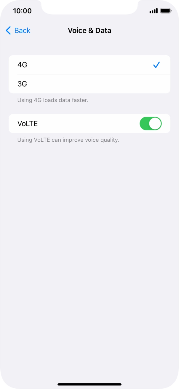 Press the indicator next to 'VoLTE' to turn the function on or off.