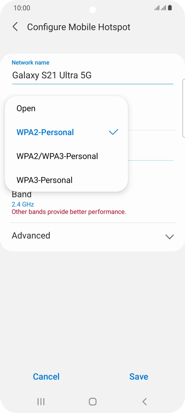 Press WPA2-Personal to password protect your WiFi hotspot. Press WPA2-Personal to password protect your WiFi hotspot.