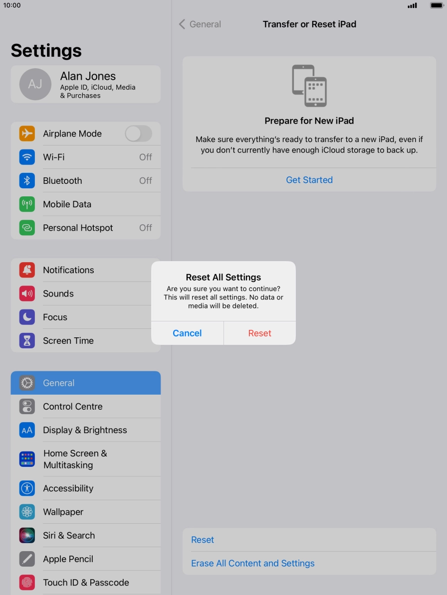 Press Reset. Wait a moment while the factory default settings are restored. Follow the instructions on the screen to set up your tablet and prepare it for use.