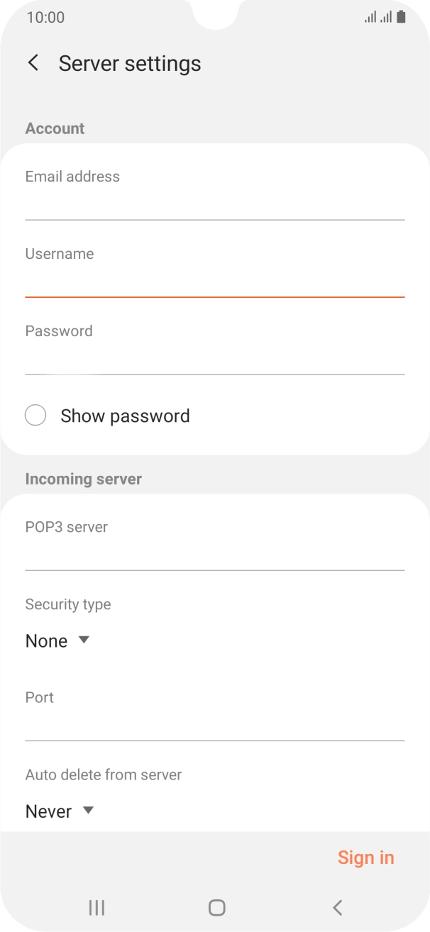 Press the field below 'POP3 server' and key in the name of your email provider's incoming server. Press the field below 'POP3 server' and key in the name of your email provider's incoming server.
