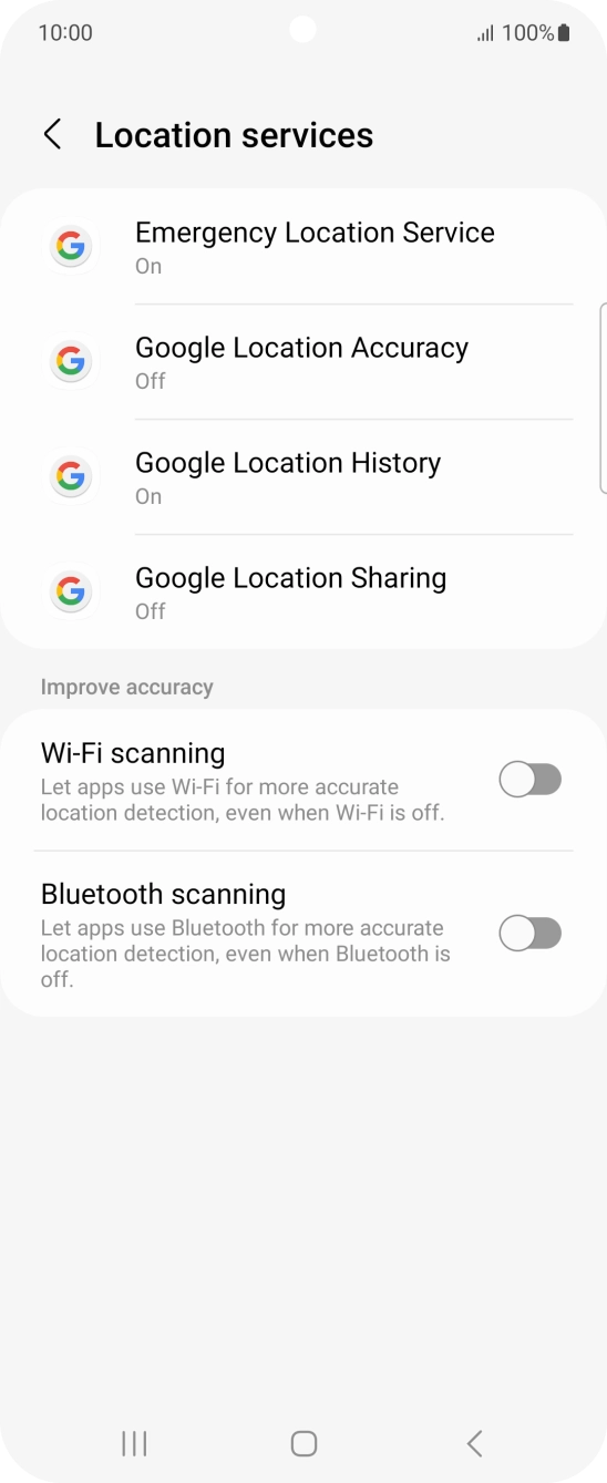 Press Google Location Accuracy. Press Google Location Accuracy.