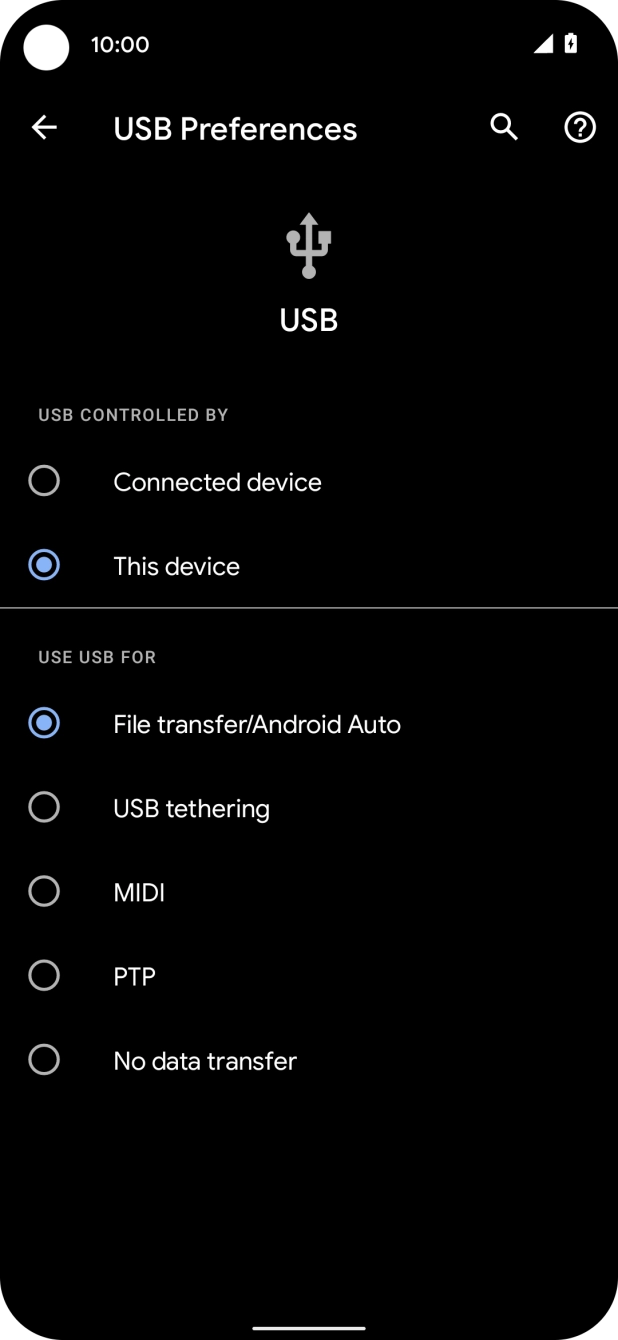 Press File transfer/Android Auto. Press File transfer/Android Auto.