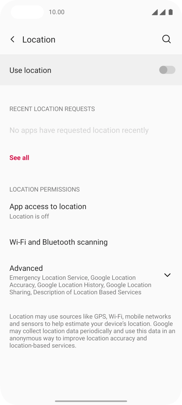 Press the indicator next to 'Use location' to turn the function on or off. Press the indicator next to 'Use location' to turn the function on or off.