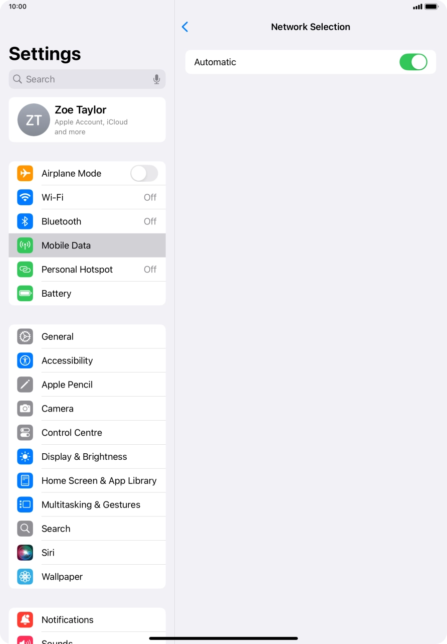 Press the indicator next to 'Automatic' to turn automatic network selection on or off. Press the indicator next to 'Automatic' to turn automatic network selection on or off.