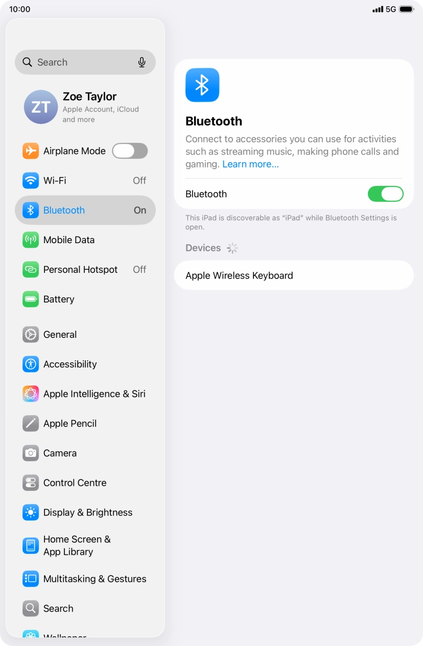 Press the required Bluetooth device and follow the instructions on the screen to pair the device with your tablet.