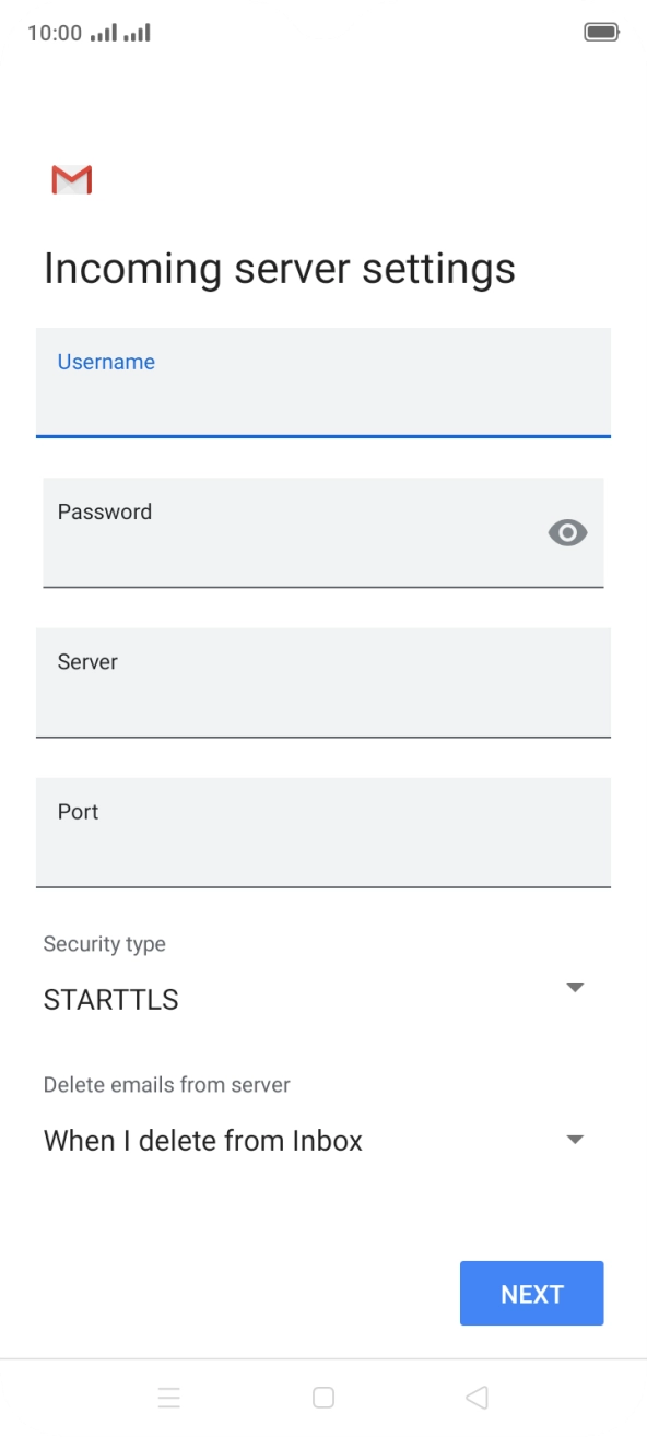 Press the field below 'Server' and key in the name of your email provider's incoming server. Press the field below 'Server' and key in the name of your email provider's incoming server.