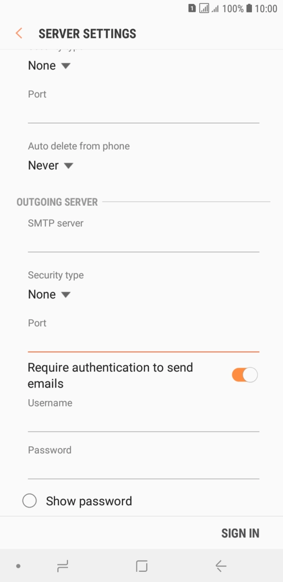 Press the indicator next to 'Require authentication to send emails' to turn on the function. Press the indicator next to 'Require authentication to send emails' to turn on the function.