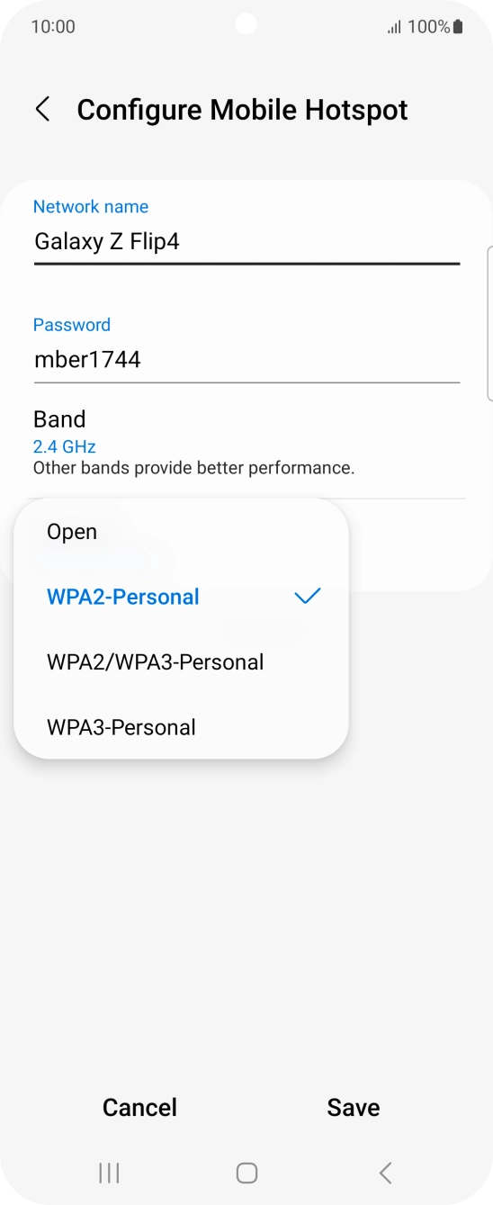 Press WPA3-Personal to password protect your WiFi hotspot. Press WPA3-Personal to password protect your WiFi hotspot.